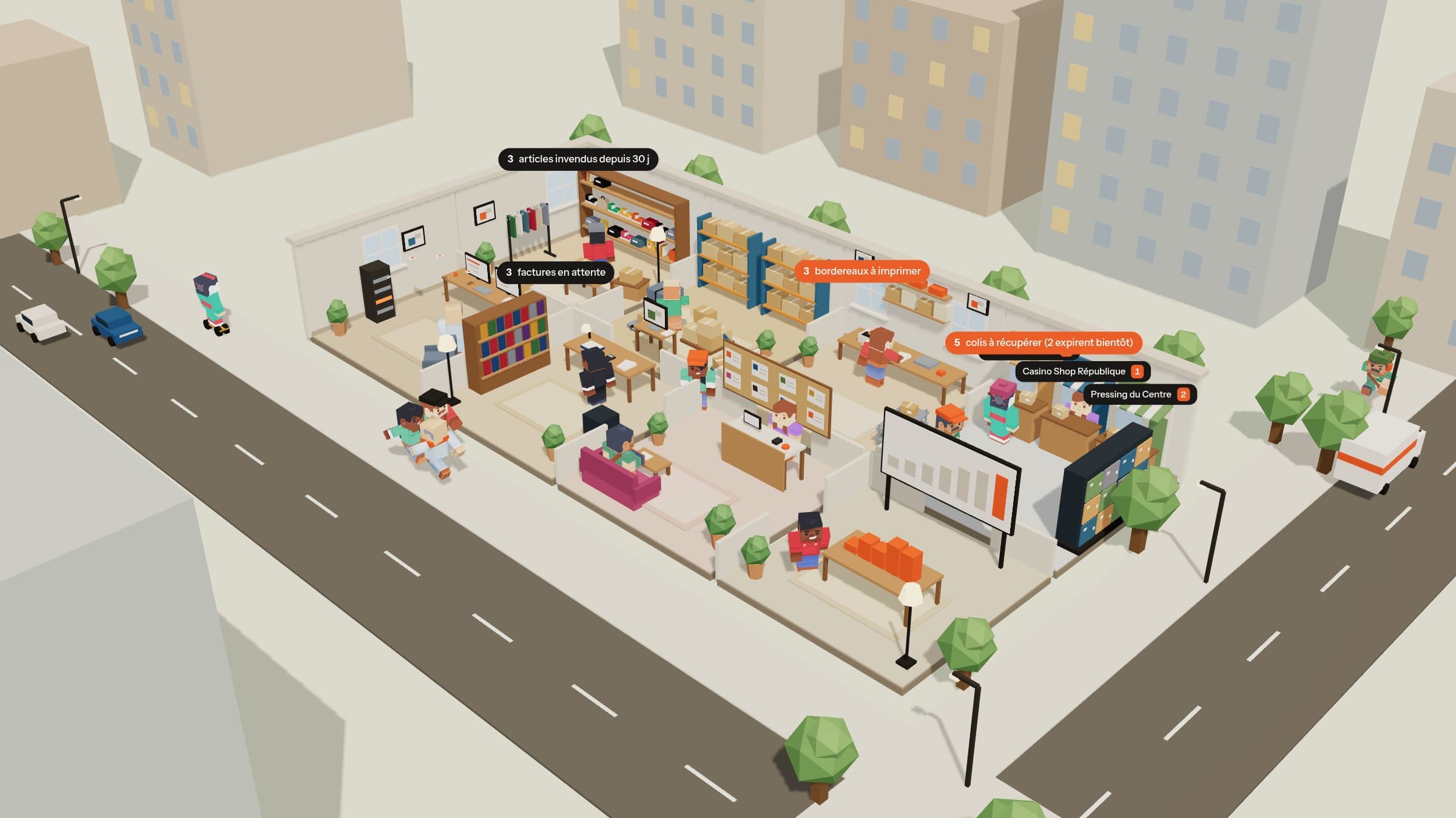 Appartement low poly de Synkro : stock, expéditions, points relais et compta vus en 3D